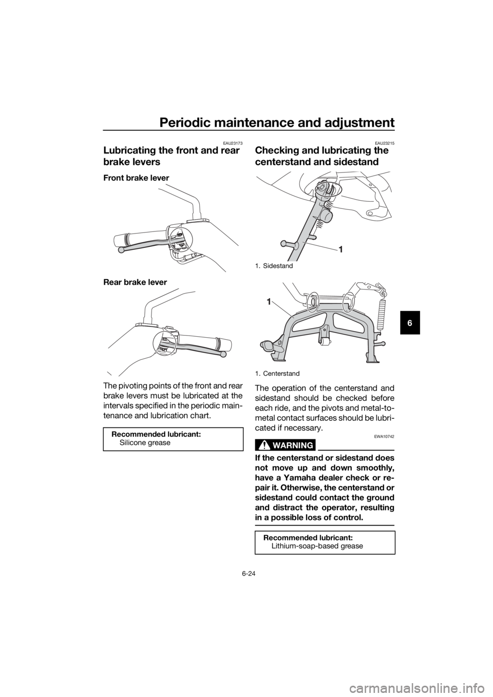 YAMAHA XMAX 250 2016 Manual PDF Periodic maintenance and adjustment
6-24
6
EAU23173
Lubricating the front and rear
brake levers
Front brake lever
Rear brake lever
The pivoting points of the front and rear
brake levers must be lubri YAMAHA XMAX 250 2016 Manual PDF Periodic maintenance and adjustment
6-24
6
EAU23173
Lubricating the front and rear
brake levers
Front brake lever
Rear brake lever
The pivoting points of the front and rear
brake levers must be lubri
