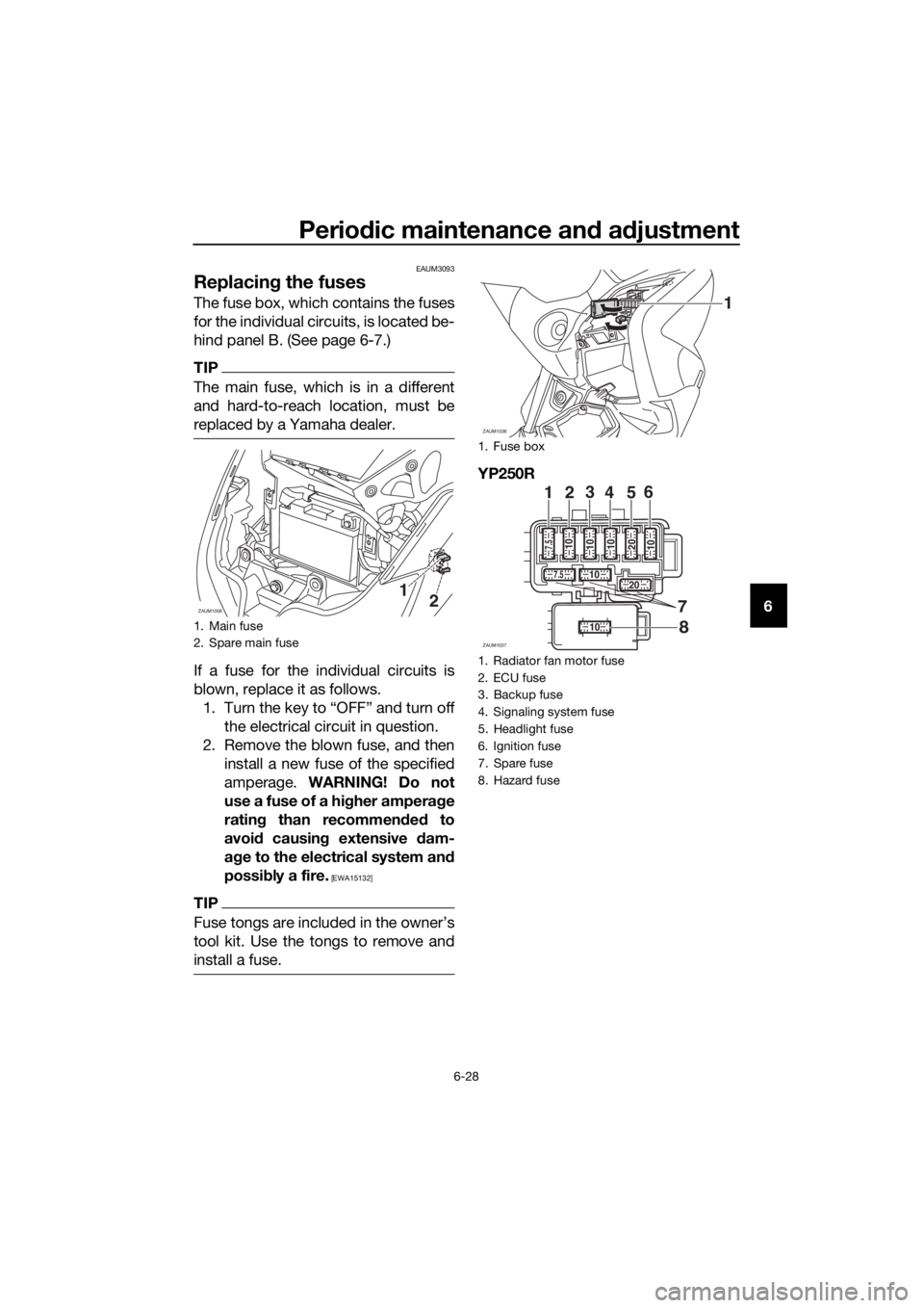YAMAHA XMAX 250 2016 Manual PDF Periodic maintenance and adjustment
6-28
6
EAUM3093
Replacing the fuses
The fuse box, which contains the fuses
for the individual circuits, is located be-
hind panel B. (See page 6-7.)
TIP
The main fu YAMAHA XMAX 250 2016 Manual PDF Periodic maintenance and adjustment
6-28
6
EAUM3093
Replacing the fuses
The fuse box, which contains the fuses
for the individual circuits, is located be-
hind panel B. (See page 6-7.)
TIP
The main fu