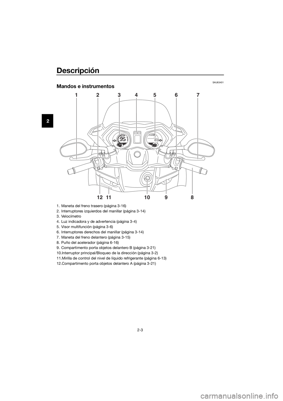 YAMAHA XMAX 250 2016 Manuale de Empleo (in Spanish) Descripción
2-3
2
SAU63401
Mandos e instrumentos
98765432111 10
120
1000r/minx
E
FCH
FSELECTRESET
417 5 362
891011 12
1. Maneta del freno trasero (página 3-16)
2. Interruptores izquierdos del manill YAMAHA XMAX 250 2016 Manuale de Empleo (in Spanish) Descripción
2-3
2
SAU63401
Mandos e instrumentos
98765432111 10
120
1000r/minx
E
FCH
FSELECTRESET
417 5 362
891011 12
1. Maneta del freno trasero (página 3-16)
2. Interruptores izquierdos del manill