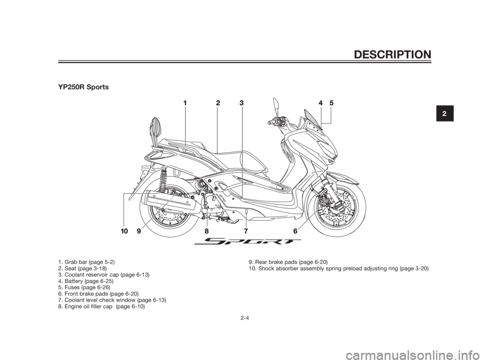 YAMAHA XMAX 250 2013  Owners Manual YP250R Sports
DESCRIPTION
2-4
2
1. Grab bar (page 5-2)
2. Seat (page 3-18)
3. Coolant reservoir cap (page 6-13)
4. Battery (page 6-25)
5. Fuses (page 6-26)
6. Front brake pads (page 6-20)
7. Coolant l