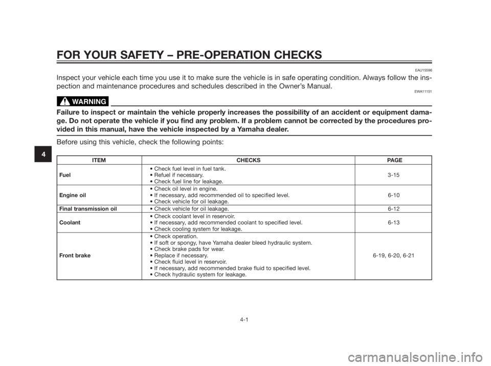 YAMAHA XMAX 250 2012  Owners Manual FOR YOUR SAFETY – PRE-OPERATION CHECKS
4-1
4
EAU15596
Inspect your vehicle each time you use it to make sure the vehicle is in safe operating condition. Always follow the ins-
pection and maintenanc