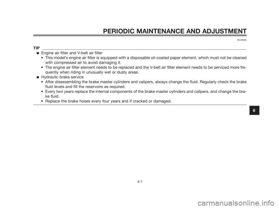 YAMAHA XMAX 250 2013  Owners Manual PERIODIC MAINTENANCE AND ADJUSTMENT
6-7
6
EAU38262
TIP
Engine air filter and V-belt air filter
 This model’s engine air filter is equipped with a disposable oil-coated paper element, which must not