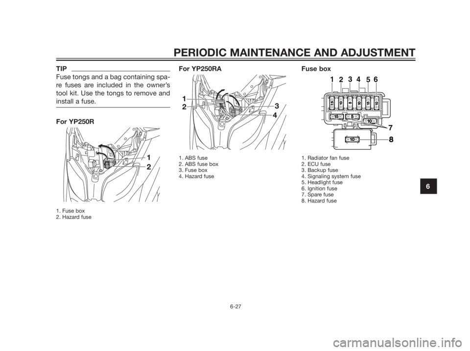 YAMAHA XMAX 250 2013  Owners Manual TIP
Fuse tongs and a bag containing spa-
re fuses are included in the owner’s
tool kit. Use the tongs to remove and
install a fuse.
For YP250R
1. Fuse box 
2. Hazard fuse
For YP250RA
1. ABS fuse
2. 