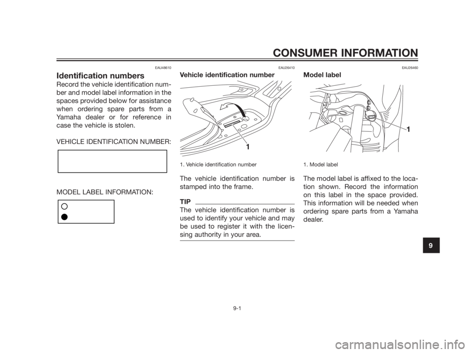 YAMAHA XMAX 250 2013 Manual Online EAU48610
Identification numbers
Record the vehicle identification num-
ber and model label information in the
spaces provided below for assistance
when ordering spare parts from a
Yamaha dealer or for