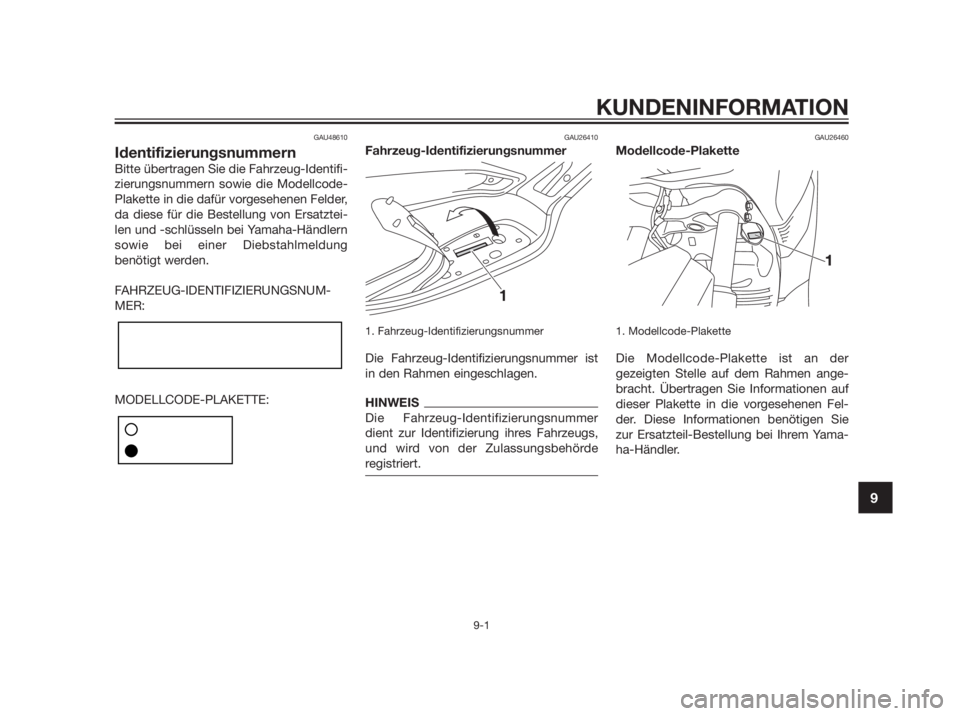 YAMAHA XMAX 250 2013  Betriebsanleitungen (in German) GAU48610
Identifizierungsnummern
Bitte übertragen Sie die Fahrzeug-Identifi-
zierungsnummern sowie die Modellcode-
Plakette in die dafür vorgesehenen Felder,
da diese für die Bestellung von Ersatzt