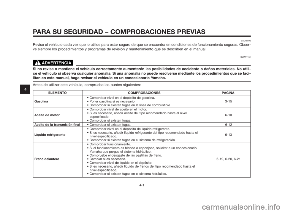 YAMAHA XMAX 250 2012  Manuale de Empleo (in Spanish) PARA SU SEGURIDAD – COMPROBACIONES PREVIAS
4-1
4
SAU15596
Revise el vehículo cada vez que lo utilice para estar seguro de que se encuentra en condiciones de funcionamiento seguras. Obser-
ve siempr