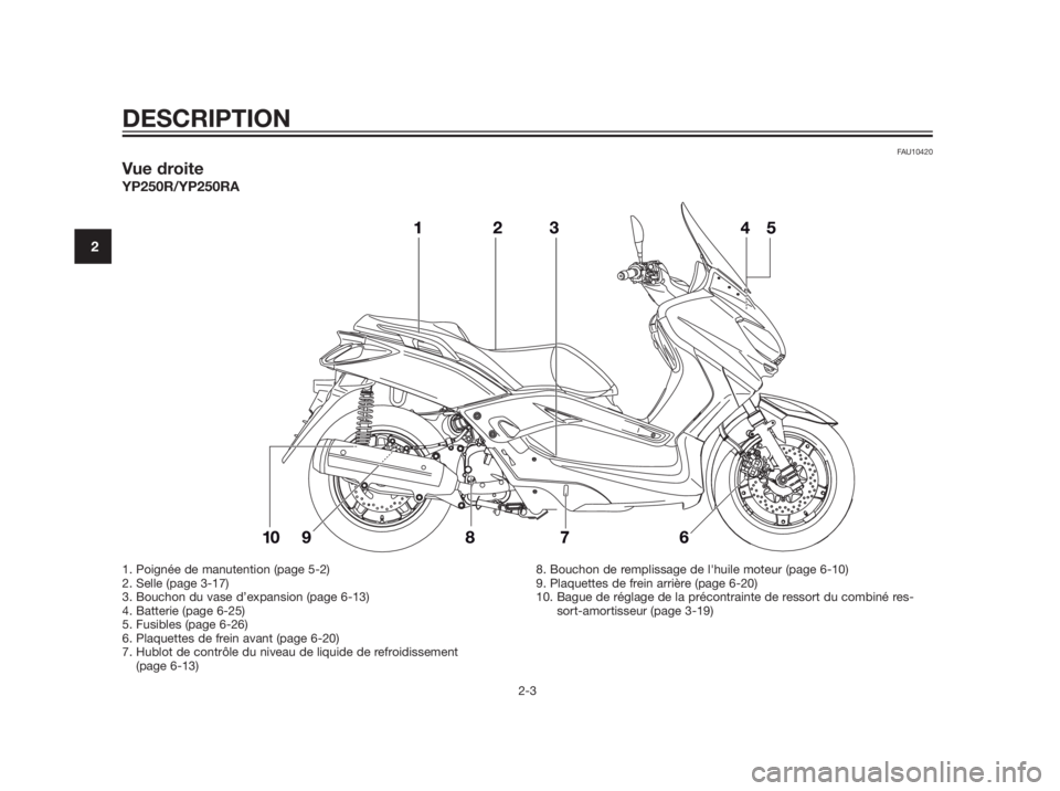 YAMAHA XMAX 250 2012  Notices Demploi (in French) FAU10420
Vue droite
YP250R/YP250RA
DESCRIPTION
2-3
2
1. Poignée de manutention (page 5-2)
2. Selle (page 3-17)
3. Bouchon du vase d’expansion (page 6-13)
4. Batterie (page 6-25)
5. Fusibles (page 6