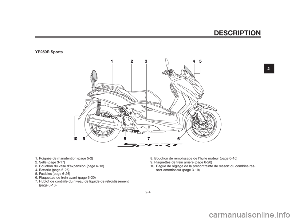 YAMAHA XMAX 250 2012  Notices Demploi (in French) YP250R Sports
DESCRIPTION
2-4
2
1. Poignée de manutention (page 5-2)
2. Selle (page 3-17)
3. Bouchon du vase d’expansion (page 6-13)
4. Batterie (page 6-25)
5. Fusibles (page 6-26)
6. Plaquettes de