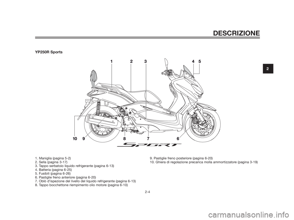 YAMAHA XMAX 250 2013  Manuale duso (in Italian) YP250R Sports
DESCRIZIONE
2-4
2
1. Maniglia (pagina 5-2)
2. Sella (pagina 3-17)
3. Tappo serbatoio liquido refrigerante (pagina 6-13)
4. Batteria (pagina 6-25)
5. Fusibili (pagina 6-26)
6. Pastiglie f
