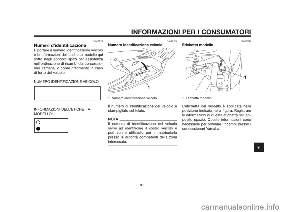 YAMAHA XMAX 250 2013  Manuale duso (in Italian) HAU48610
Numeri d’identificazione
Riportare il numero identificazione veicolo
e le informazioni dell’etichetta modello qui
sotto negli appositi spazi per assistenza
nell’ordinazione di ricambi d