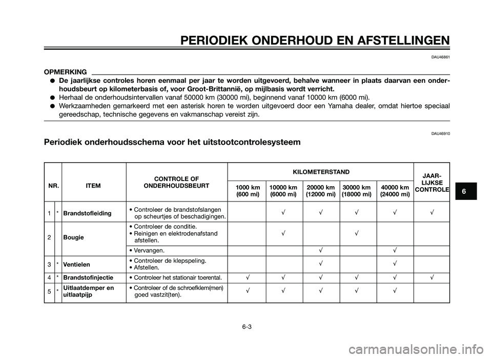 YAMAHA XMAX 250 2012  Instructieboekje (in Dutch) PERIODIEK ONDERHOUD EN AFSTELLINGEN
6-3
6
DAU46861
OPMERKING
�De jaarlijkse controles horen eenmaal per jaar te worden uitgevoerd, behalve wanneer in plaats daarvan een onder-
houdsbeurt op kilometerb