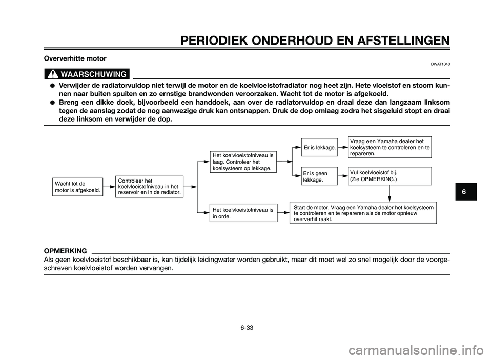 YAMAHA XMAX 250 2012  Instructieboekje (in Dutch) Oververhitte motorDWAT1040
�Verwijder de radiatorvuldop niet terwijl de motor en de koelvloeistofradi\
ator nog heet zijn. Hete vloeistof en stoom kun-
nen naar buiten spuiten en zo ernstige brandwond