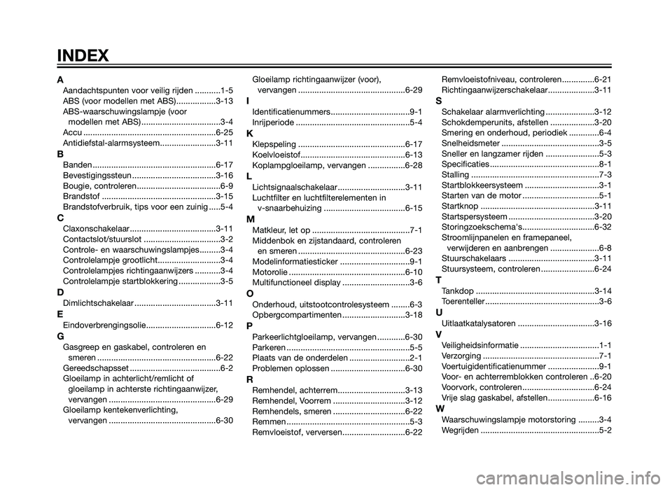 YAMAHA XMAX 250 2012  Instructieboekje (in Dutch) AAandachtspunten voor veilig rijden ...........1-5
ABS (voor modellen met ABS) .................3-13
ABS-waarschuwingslampje (voor modellen met ABS) ..................................3-4
Accu ........
