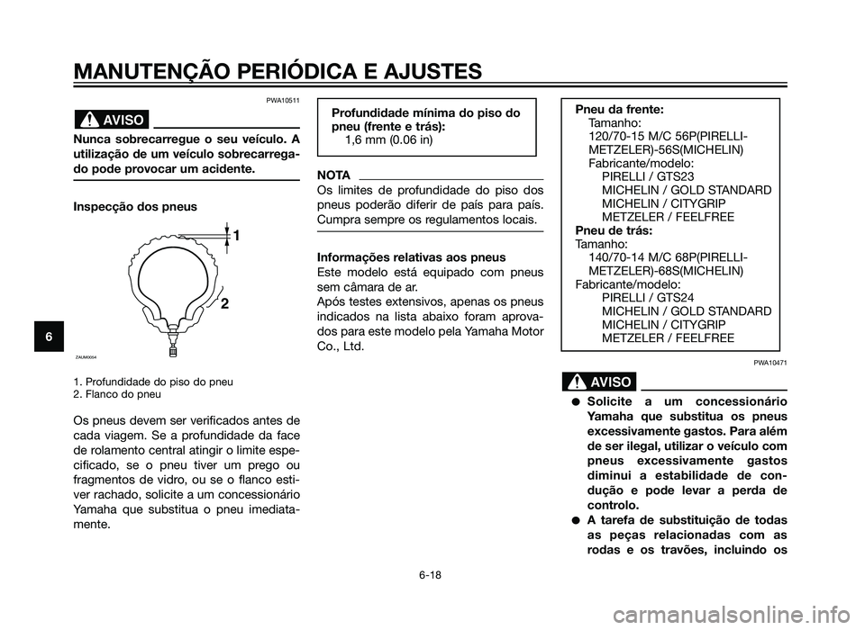 YAMAHA XMAX 250 2013 Manual de utilização (in Portuguese) PWA10511
Nunca sobrecarregue o seu veículo. A
utilização de um veículo sobrecarrega-
do pode provocar um acidente.
Inspecção dos pneus
1. Profundidade do piso do pneu
2. Flanco do pneu
Os pneus YAMAHA XMAX 250 2013 Manual de utilização (in Portuguese) PWA10511
Nunca sobrecarregue o seu veículo. A
utilização de um veículo sobrecarrega-
do pode provocar um acidente.
Inspecção dos pneus
1. Profundidade do piso do pneu
2. Flanco do pneu
Os pneus