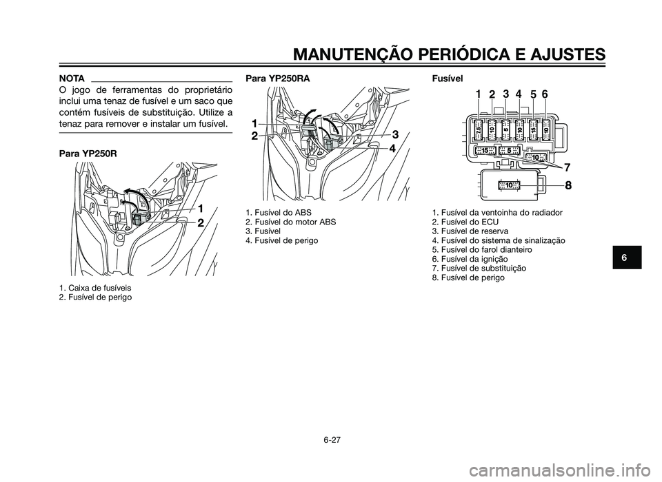 YAMAHA XMAX 250 2013 Manual de utilização (in Portuguese) NOTA
O jogo de ferramentas do proprietário
inclui uma tenaz de fusível e um saco que
contém fusíveis de substituição. Utilize a
tenaz para remover e instalar um fusível.
Para YP250R
1. Caixa de YAMAHA XMAX 250 2013 Manual de utilização (in Portuguese) NOTA
O jogo de ferramentas do proprietário
inclui uma tenaz de fusível e um saco que
contém fusíveis de substituição. Utilize a
tenaz para remover e instalar um fusível.
Para YP250R
1. Caixa de