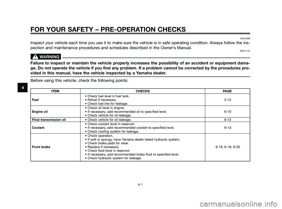 YAMAHA XMAX 250 2010 Owners Guide 
FOR YOUR SAFETY – PRE-OPERATION CHECKS
4-1
4
EAU15596
Inspect your vehicle each time you use it to make sure the vehicle is in safe operating condition. Always follow the ins-
pection and maintenan