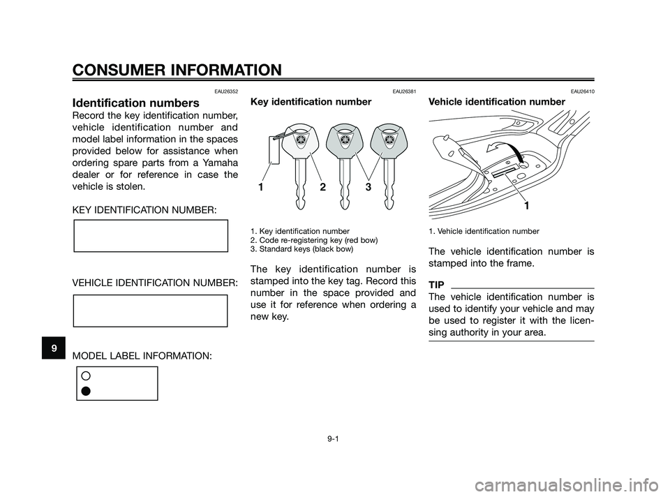 YAMAHA XMAX 250 2010 Manual PDF 
EAU26352
Identification numbers
Record the key identification number,
vehicle identification number and
model label information in the spaces
provided below for assistance when
ordering spare parts f