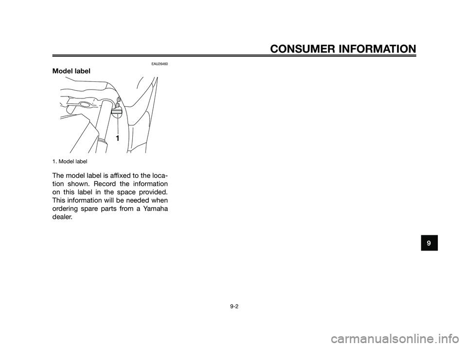 YAMAHA XMAX 250 2010 Manual Online
EAU26460
Model label
1. Model label
The model label is affixed to the loca-
tion shown. Record the information
on this label in the space provided.
This information will be needed when
ordering spare YAMAHA XMAX 250 2010 Manual Online
EAU26460
Model label
1. Model label
The model label is affixed to the loca-
tion shown. Record the information
on this label in the space provided.
This information will be needed when
ordering spare