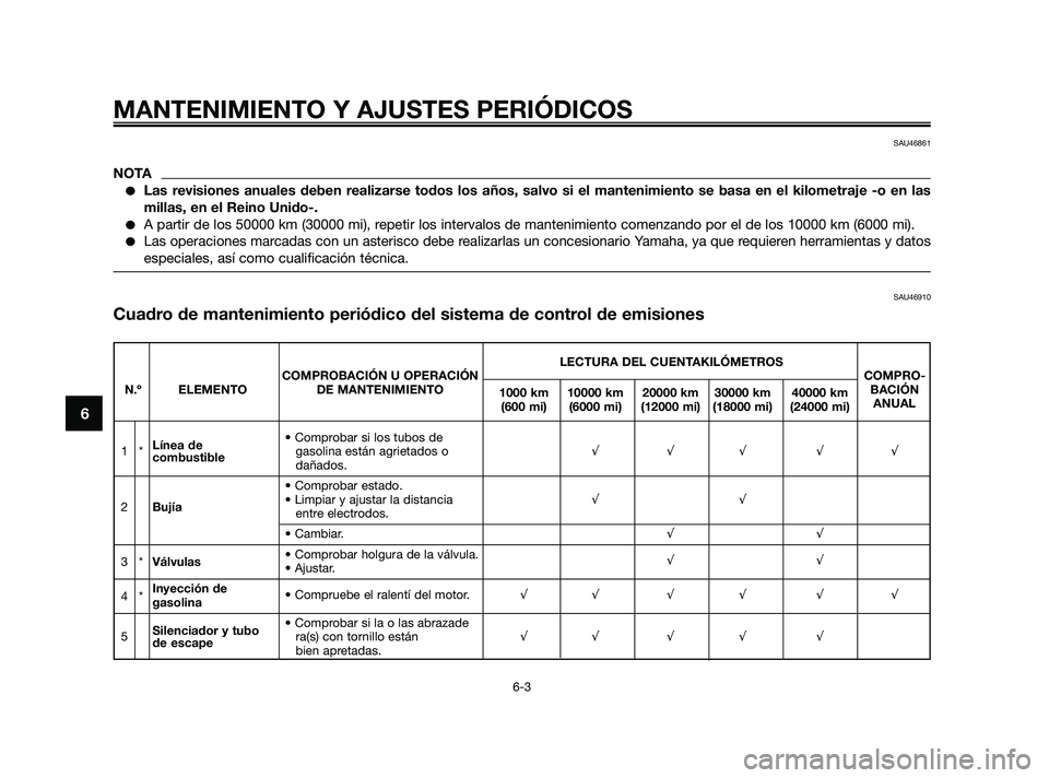 YAMAHA XMAX 250 2010  Manuale de Empleo (in Spanish) 
SAU46861
NOTA
Las revisiones anuales deben realizarse todos los años, salvo si el mantenimiento se basa en el kil\
ometraje -o en las
millas, en el Reino Unido-.
A partir de los 50000 km (30000 mi