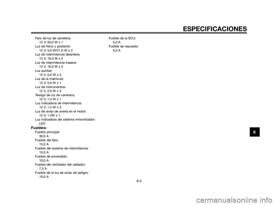 YAMAHA XMAX 250 2010  Manuale de Empleo (in Spanish) 
Faro de luz de carretera:12 V, 55,0 W x 1
Luz de freno y posterior: 12 V, 5,0 W/21,0 W x 2
Luz de intermitencia delantera: 12 V, 10,0 W x 2
Luz de intermitencia trasera: 12 V, 10,0 W x 2
Luz auxiliar