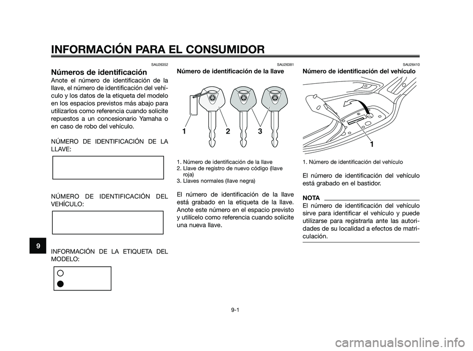 YAMAHA XMAX 250 2010  Manuale de Empleo (in Spanish) 
SAU26352
Números de identificación
Anote el número de identificación de la
llave, el número de identificación del vehí-
culo y los datos de la etiqueta del modelo
en los espacios previstos má