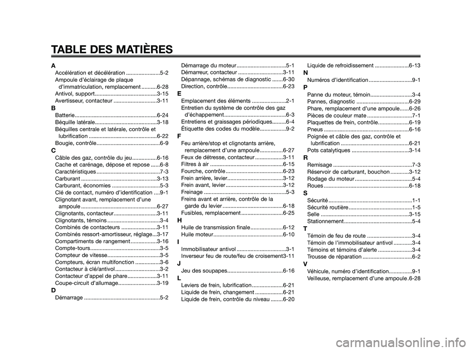 YAMAHA XMAX 250 2010 Notices Demploi (in French)
AAccélération et décélération ......................5-2
Ampoule d’éclairage de plaqued’immatriculation, remplacement ..........6-28
Antivol, support ........................................ YAMAHA XMAX 250 2010 Notices Demploi (in French)
AAccélération et décélération ......................5-2
Ampoule d’éclairage de plaqued’immatriculation, remplacement ..........6-28
Antivol, support ........................................