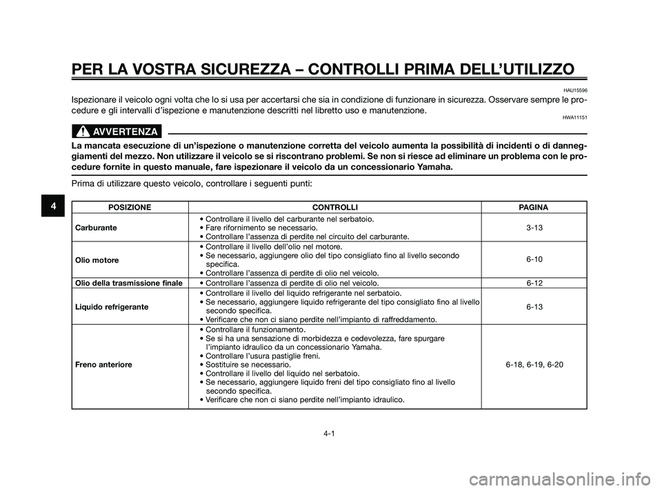 YAMAHA XMAX 250 2010  Manuale duso (in Italian) PER LA VOSTRA SICUREZZA – CONTROLLI PRIMA DELL’UTILIZZO
4-1
4
HAU15596
Ispezionare il veicolo ogni volta che lo si usa per accertarsi che sia in condizio\
ne di funzionare in sicurezza. Osservare 