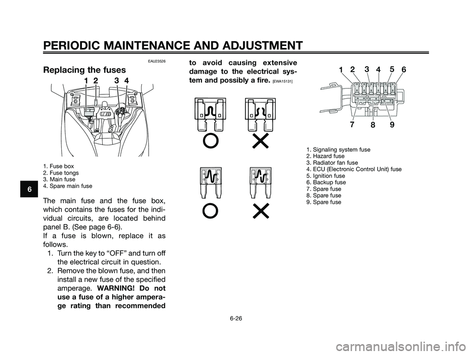 YAMAHA XMAX 250 2009 Repair Manual EAU23526
Replacing the fuses
1. Fuse box
2. Fuse tongs
3. Main fuse
4. Spare main fuse
The main fuse and the fuse box,
which contains the fuses for the indi-
vidual circuits, are located behind
pane YAMAHA XMAX 250 2009 Repair Manual EAU23526
Replacing the fuses
1. Fuse box
2. Fuse tongs
3. Main fuse
4. Spare main fuse
The main fuse and the fuse box,
which contains the fuses for the indi-
vidual circuits, are located behind
pane