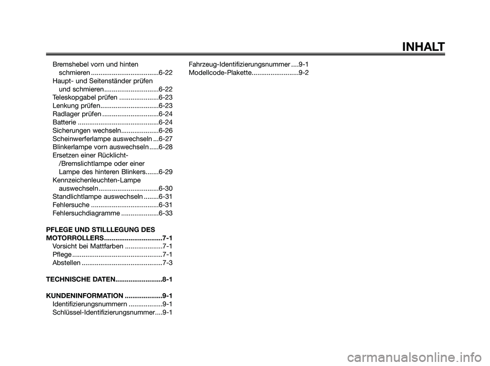 YAMAHA XMAX 250 2009  Betriebsanleitungen (in German) Bremshebel vorn und hinten 
schmieren ....................................6-22
Haupt- und Seitenständer prüfen 
und schmieren .............................6-22
Teleskopgabel prüfen ................