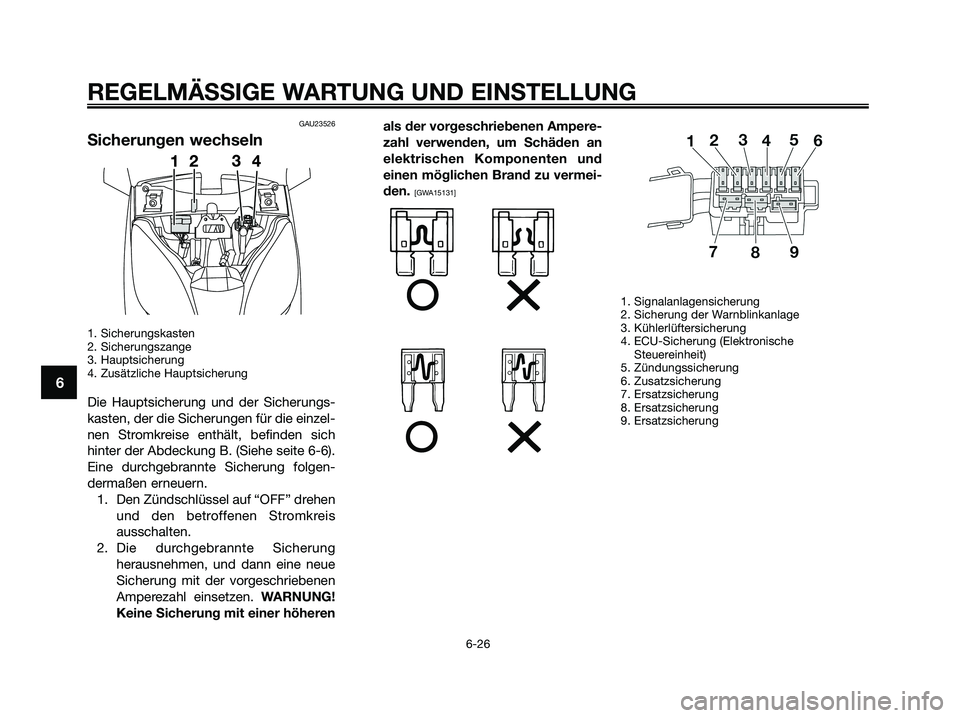 YAMAHA XMAX 250 2009 Betriebsanleitungen (in German) GAU23526
Sicherungen wechseln
1. Sicherungskasten
2. Sicherungszange
3. Hauptsicherung
4. Zusätzliche Hauptsicherung
Die Hauptsicherung und der Sicherungs-
kasten, der die Sicherungen für die einz YAMAHA XMAX 250 2009 Betriebsanleitungen (in German) GAU23526
Sicherungen wechseln
1. Sicherungskasten
2. Sicherungszange
3. Hauptsicherung
4. Zusätzliche Hauptsicherung
Die Hauptsicherung und der Sicherungs-
kasten, der die Sicherungen für die einz