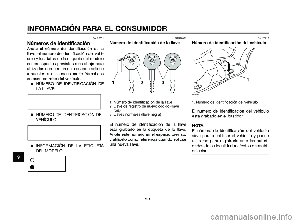 YAMAHA XMAX 250 2009  Manuale de Empleo (in Spanish) SAU26351
Números de identificación
Anote el número de identificación de la
llave, el número de identificación del vehí-
culo y los datos de la etiqueta del modelo
en los espacios previstos más