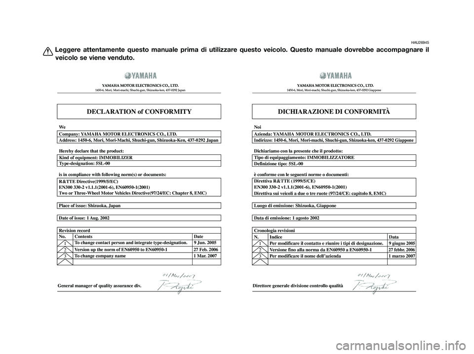 YAMAHA XMAX 250 2009  Manuale duso (in Italian) HAU26945
Leggere attentamente questo manuale prima di utilizzare questo veicolo. Questo manuale dovrebbe accompagnare il
veicolo se viene venduto.
DECLARATION of CONFORMITY
�  	
	
 