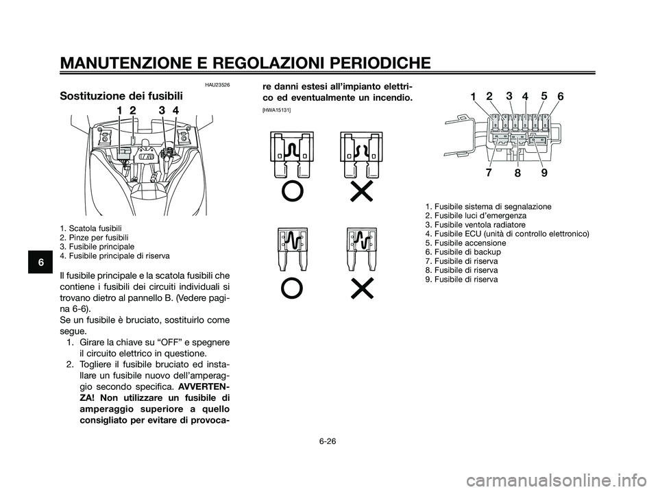 YAMAHA XMAX 250 2009 Manuale duso (in Italian) HAU23526
Sostituzione dei fusibili
1. Scatola fusibili
2. Pinze per fusibili
3. Fusibile principale
4. Fusibile principale di riserva
Il fusibile principale e la scatola fusibili che
contiene i fusib YAMAHA XMAX 250 2009 Manuale duso (in Italian) HAU23526
Sostituzione dei fusibili
1. Scatola fusibili
2. Pinze per fusibili
3. Fusibile principale
4. Fusibile principale di riserva
Il fusibile principale e la scatola fusibili che
contiene i fusib