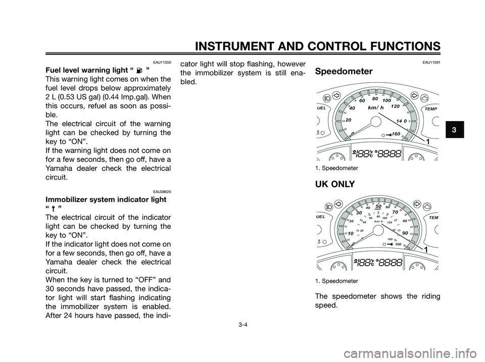 YAMAHA XMAX 250 2008 User Guide EAU11350
Fuel level warning light “ ”
This warning light comes on when the
fuel level drops below approximately
2 L (0.53 US gal) (0.44 Imp.gal). When
this occurs, refuel as soon as possi-
ble.
Th YAMAHA XMAX 250 2008 User Guide EAU11350
Fuel level warning light “ ”
This warning light comes on when the
fuel level drops below approximately
2 L (0.53 US gal) (0.44 Imp.gal). When
this occurs, refuel as soon as possi-
ble.
Th