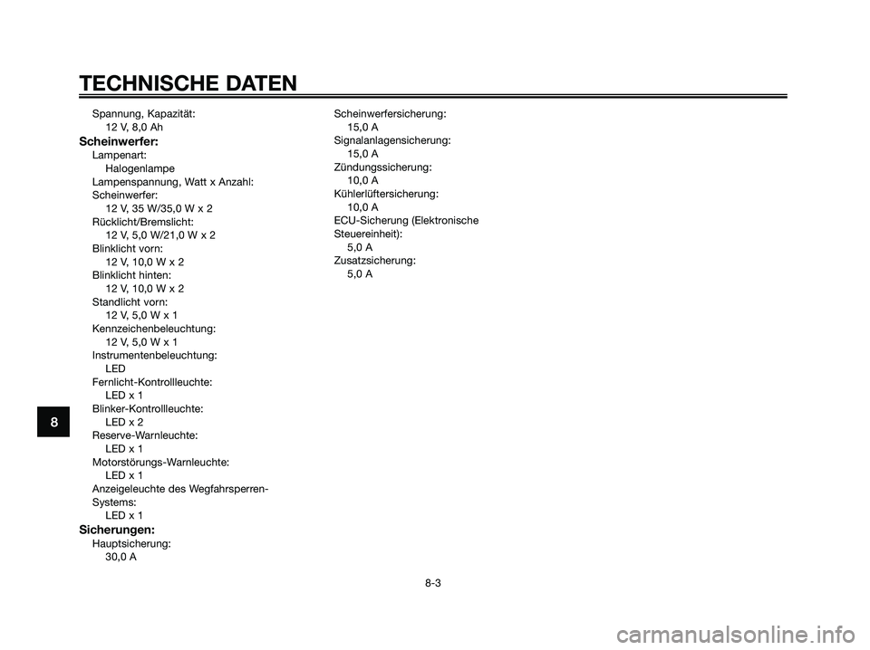 YAMAHA XMAX 250 2008  Betriebsanleitungen (in German) Spannung, Kapazität:
12 V, 8,0 Ah
Scheinwerfer:Lampenart:
Halogenlampe
Lampenspannung, Watt x Anzahl:
Scheinwerfer:
12 V, 35 W/35,0 W x 2
Rücklicht/Bremslicht:
12 V, 5,0 W/21,0 W x 2
Blinklicht vorn