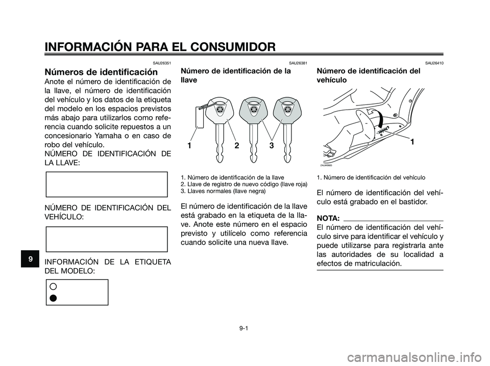 YAMAHA XMAX 250 2008 Manuale de Empleo (in Spanish) SAU26351
Números de identificación
Anote el número de identificación de
la llave, el número de identificación
del vehículo y los datos de la etiqueta
del modelo en los espacios previstos
más a YAMAHA XMAX 250 2008 Manuale de Empleo (in Spanish) SAU26351
Números de identificación
Anote el número de identificación de
la llave, el número de identificación
del vehículo y los datos de la etiqueta
del modelo en los espacios previstos
más a