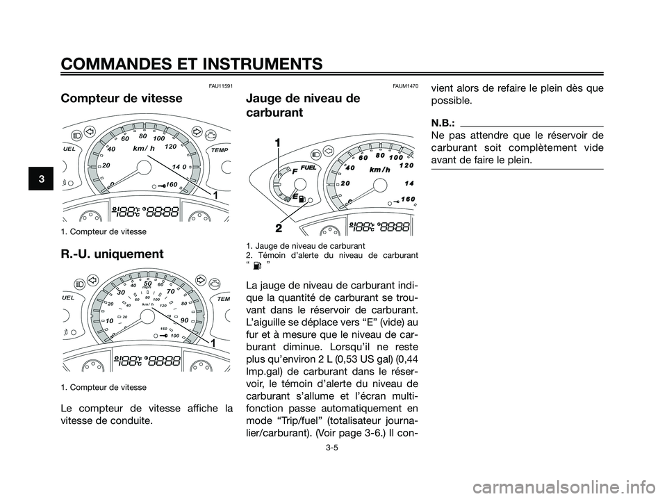 YAMAHA XMAX 250 2008  Notices Demploi (in French) FAU11591
Compteur de vitesse
1. Compteur de vitesse
R.-U. uniquement
1. Compteur de vitesse
Le compteur de vitesse affiche la
vitesse de conduite.
FAUM1470
Jauge de niveau de
carburant
1. Jauge de niv