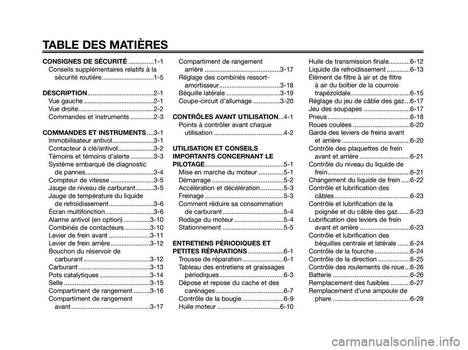 YAMAHA XMAX 250 2008 Notices Demploi (in French) CONSIGNES DE SÉCURITÉ..............1-1
Conseils supplémentaires relatifs à la
sécurité routière.............................1-5
DESCRIPTION.....................................2-1
Vue gauche .. YAMAHA XMAX 250 2008 Notices Demploi (in French) CONSIGNES DE SÉCURITÉ..............1-1
Conseils supplémentaires relatifs à la
sécurité routière.............................1-5
DESCRIPTION.....................................2-1
Vue gauche ..