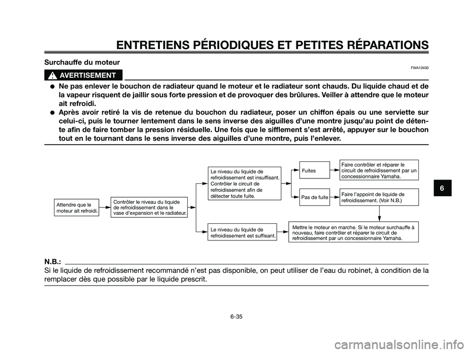 YAMAHA XMAX 250 2008 Notices Demploi (in French) ENTRETIENS PÉRIODIQUES ET PETITES RÉPARATIONS
6-35
6 Surchauffe du moteur
FWA10400
s s
AVERTISEMENT
●Ne pas enlever le bouchon de radiateur quand le moteur et le radiateur sont chauds. Du liquide YAMAHA XMAX 250 2008 Notices Demploi (in French) ENTRETIENS PÉRIODIQUES ET PETITES RÉPARATIONS
6-35
6 Surchauffe du moteur
FWA10400
s s
AVERTISEMENT
●Ne pas enlever le bouchon de radiateur quand le moteur et le radiateur sont chauds. Du liquide