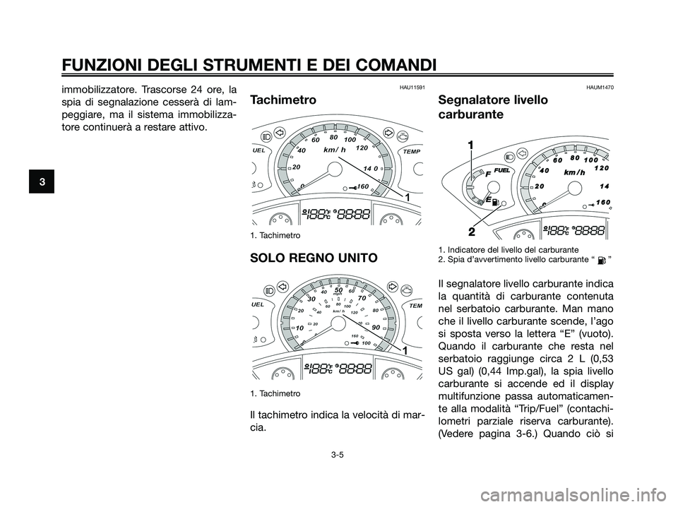 YAMAHA XMAX 250 2008  Manuale duso (in Italian) immobilizzatore. Trascorse 24 ore, la
spia di segnalazione cesserà di lam-
peggiare, ma il sistema immobilizza-
tore continuerà a restare attivo.HAU11591
Tachimetro
1. Tachimetro
SOLO REGNO UNITO
1.