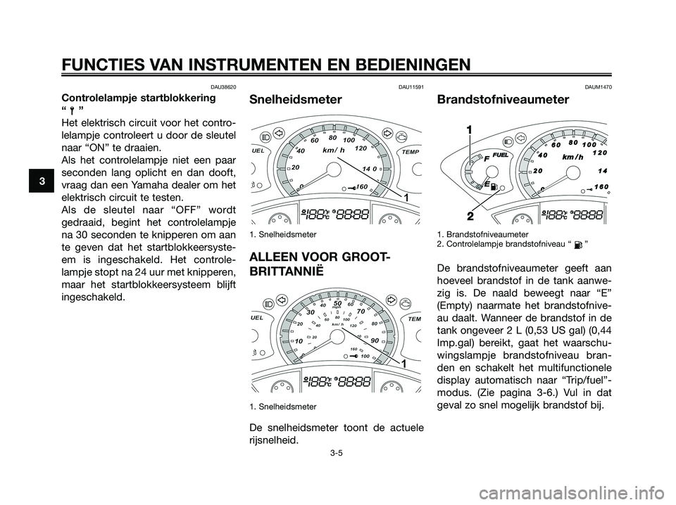 YAMAHA XMAX 250 2008 Instructieboekje (in Dutch) DAU38620
Controlelampje startblokkering
“”
Het elektrisch circuit voor het contro-
lelampje controleert u door de sleutel
naar “ON” te draaien.
Als het controlelampje niet een paar
seconden la YAMAHA XMAX 250 2008 Instructieboekje (in Dutch) DAU38620
Controlelampje startblokkering
“”
Het elektrisch circuit voor het contro-
lelampje controleert u door de sleutel
naar “ON” te draaien.
Als het controlelampje niet een paar
seconden la