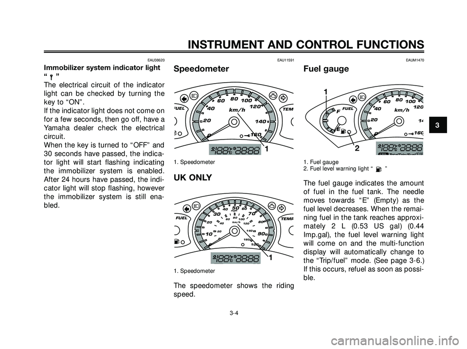 YAMAHA XMAX 250 2007 User Guide EAU38620
Immobilizer system indicator light
“”
The electrical circuit of the indicator
light can be checked by turning the
key to “ON”.
If the indicator light does not come on
for a few second