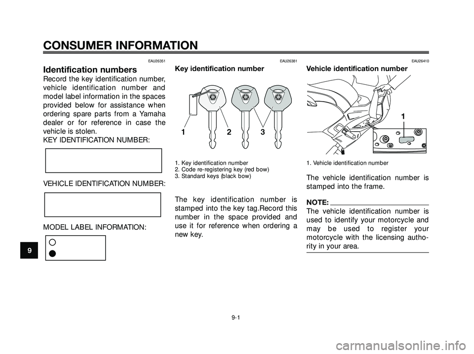 YAMAHA XMAX 250 2007 Manual PDF EAU26351
Identification numbers
Record the key identification number,
vehicle identification number and
model label information in the spaces
provided below for assistance when
ordering spare parts fr