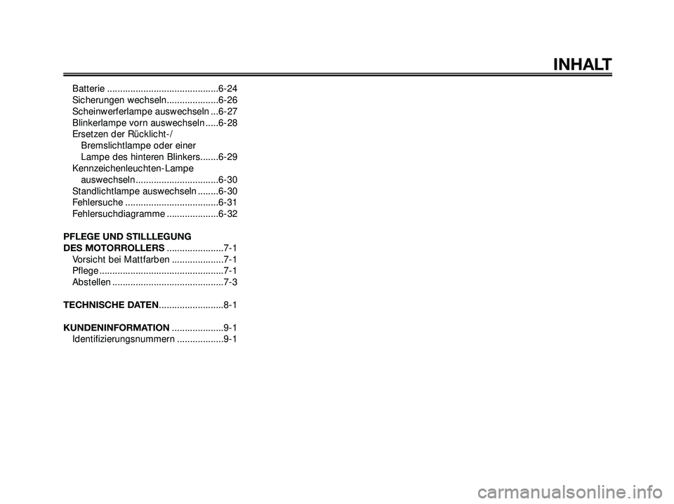 YAMAHA XMAX 250 2007  Betriebsanleitungen (in German) Batterie ...........................................6-24
Sicherungen wechseln....................6-26
Scheinwerferlampe auswechseln ...6-27
Blinkerlampe vorn auswechseln .....6-28
Ersetzen der Rückli