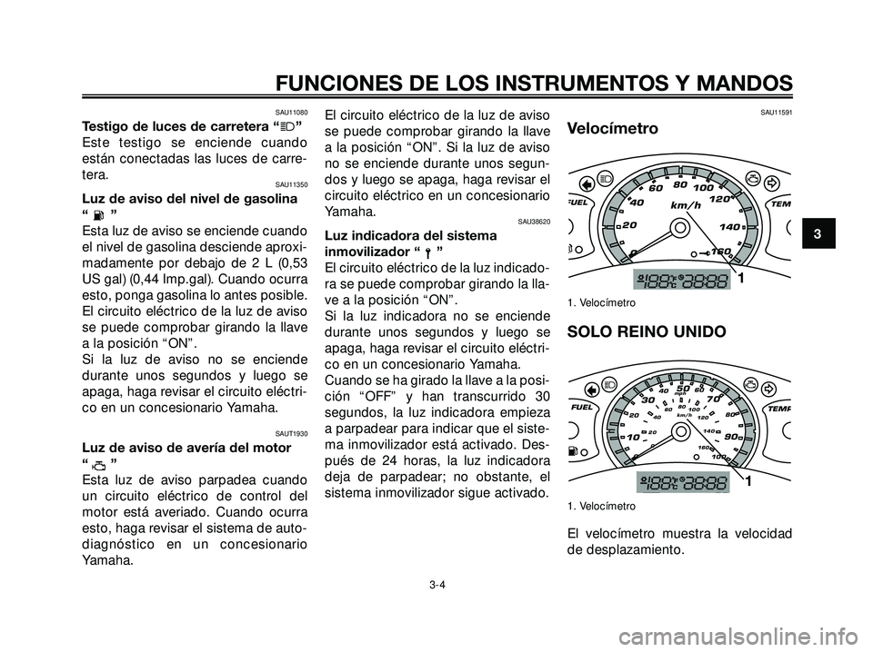 YAMAHA XMAX 250 2007  Manuale de Empleo (in Spanish) SAU11080
Testigo de luces de carretera “j”
Este testigo se enciende cuando
están conectadas las luces de carre-
tera.
SAU11350
Luz de aviso del nivel de gasolina
“”
Esta luz de aviso se encie