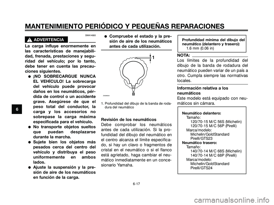 YAMAHA XMAX 250 2007  Manuale de Empleo (in Spanish) SWA14660
s s
ADVERTENCIA
La carga influye enormemente en
las características de manejabili-
dad, frenada, prestaciones y segu-
ridad del vehículo; por lo tanto,
debe tener en cuenta las precau-
cion
