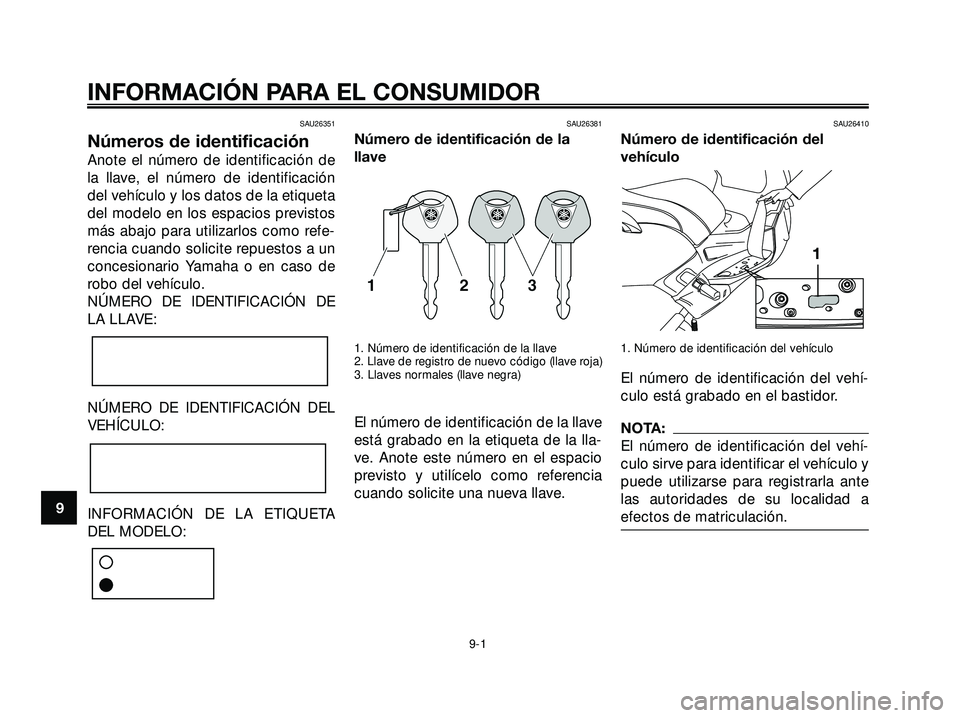YAMAHA XMAX 250 2007 Manuale de Empleo (in Spanish) SAU26351
Números de identificación
Anote el número de identificación de
la llave, el número de identificación
del vehículo y los datos de la etiqueta
del modelo en los espacios previstos
más a YAMAHA XMAX 250 2007 Manuale de Empleo (in Spanish) SAU26351
Números de identificación
Anote el número de identificación de
la llave, el número de identificación
del vehículo y los datos de la etiqueta
del modelo en los espacios previstos
más a