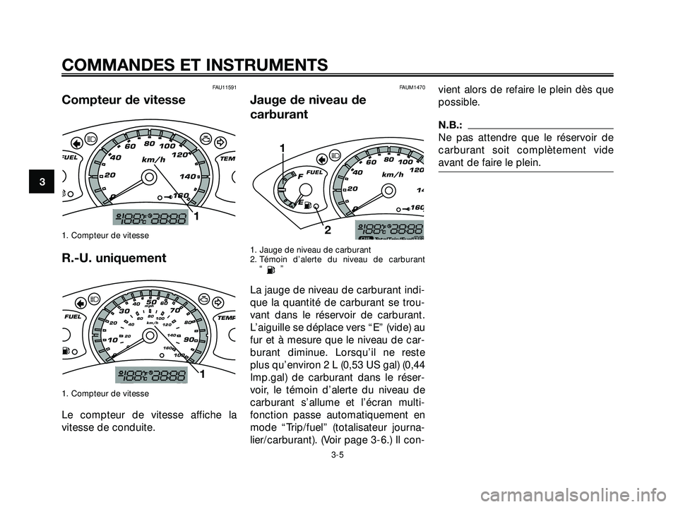 YAMAHA XMAX 250 2007  Notices Demploi (in French) FAU11591
Compteur de vitesse
1. Compteur de vitesse
R.-U. uniquement
1. Compteur de vitesse
Le compteur de vitesse affiche la
vitesse de conduite.
FAUM1470
Jauge de niveau de
carburant
1. Jauge de niv