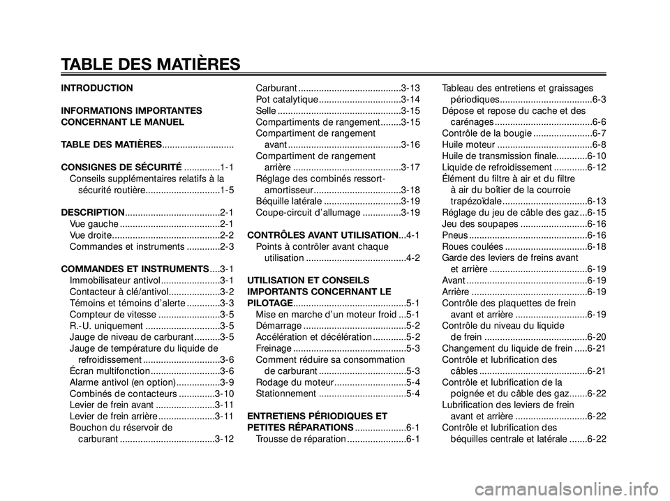 YAMAHA XMAX 250 2007 Notices Demploi (in French) INTRODUCTION
INFORMATIONS IMPORTANTES
CONCERNANT LE MANUEL
TABLE DES MATIÈRES............................
CONSIGNES DE SÉCURITÉ..............1-1
Conseils supplémentaires relatifs à la
sécurité YAMAHA XMAX 250 2007 Notices Demploi (in French) INTRODUCTION
INFORMATIONS IMPORTANTES
CONCERNANT LE MANUEL
TABLE DES MATIÈRES............................
CONSIGNES DE SÉCURITÉ..............1-1
Conseils supplémentaires relatifs à la
sécurité