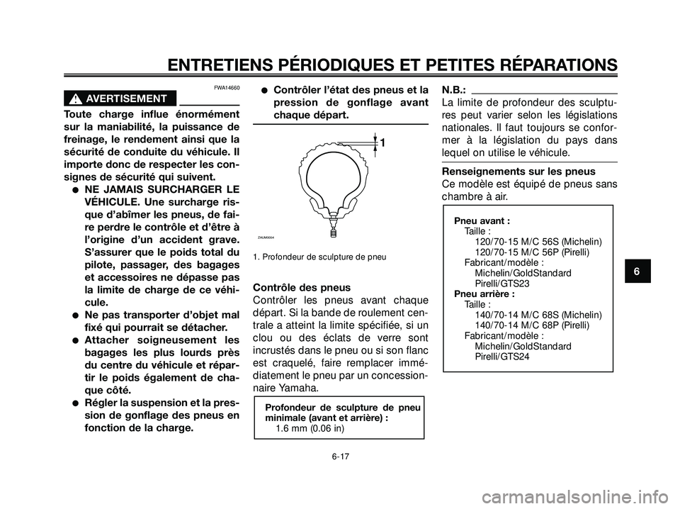 YAMAHA XMAX 250 2007  Notices Demploi (in French) FWA14660
s s
AVERTISEMENT
Toute charge influe énormément
sur la maniabilité, la puissance de
freinage, le rendement ainsi que la
sécurité de conduite du véhicule. Il
importe donc de respecter le